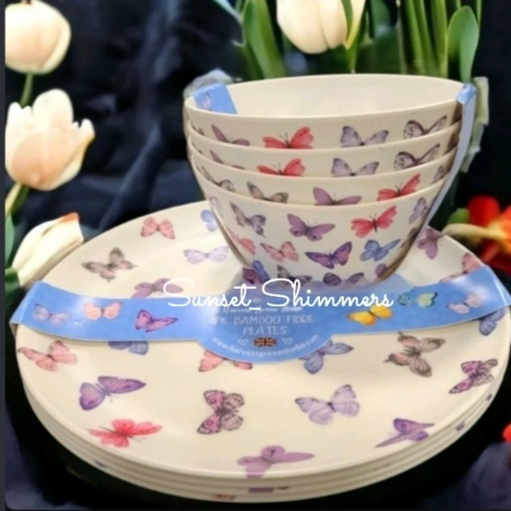 8pc Summer Butterfly Melamine Dinner Plate & Bowl Set INDOOR OUTDOOR New